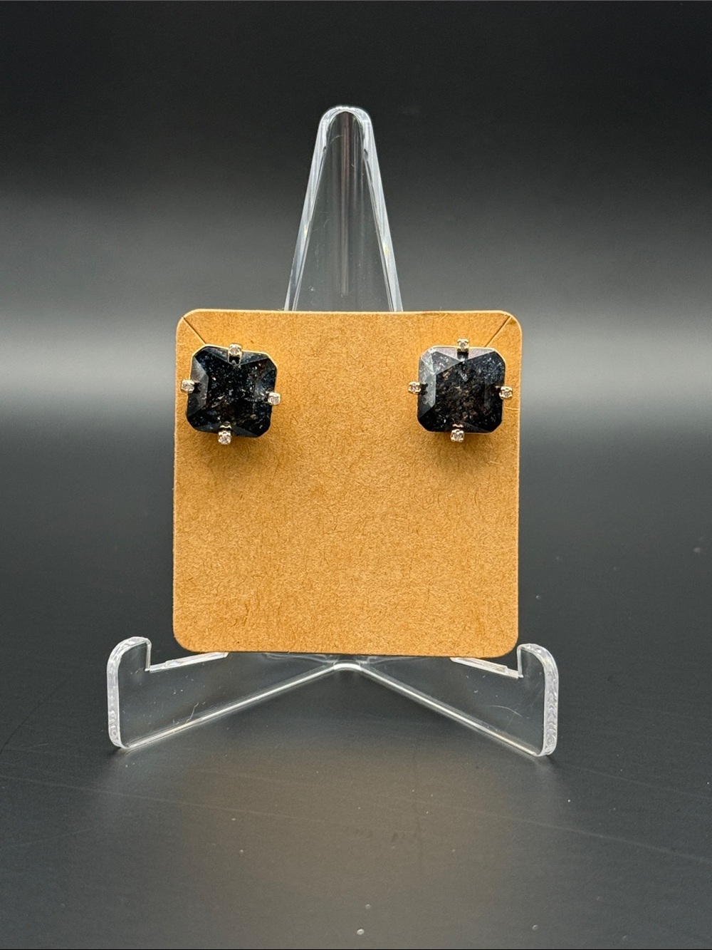 Black Sparkle Cushion Cut Gold Tone Stud Earrings